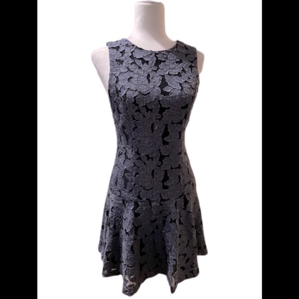 Alice + Olivia Fonda denim lace overlay black dress size 4